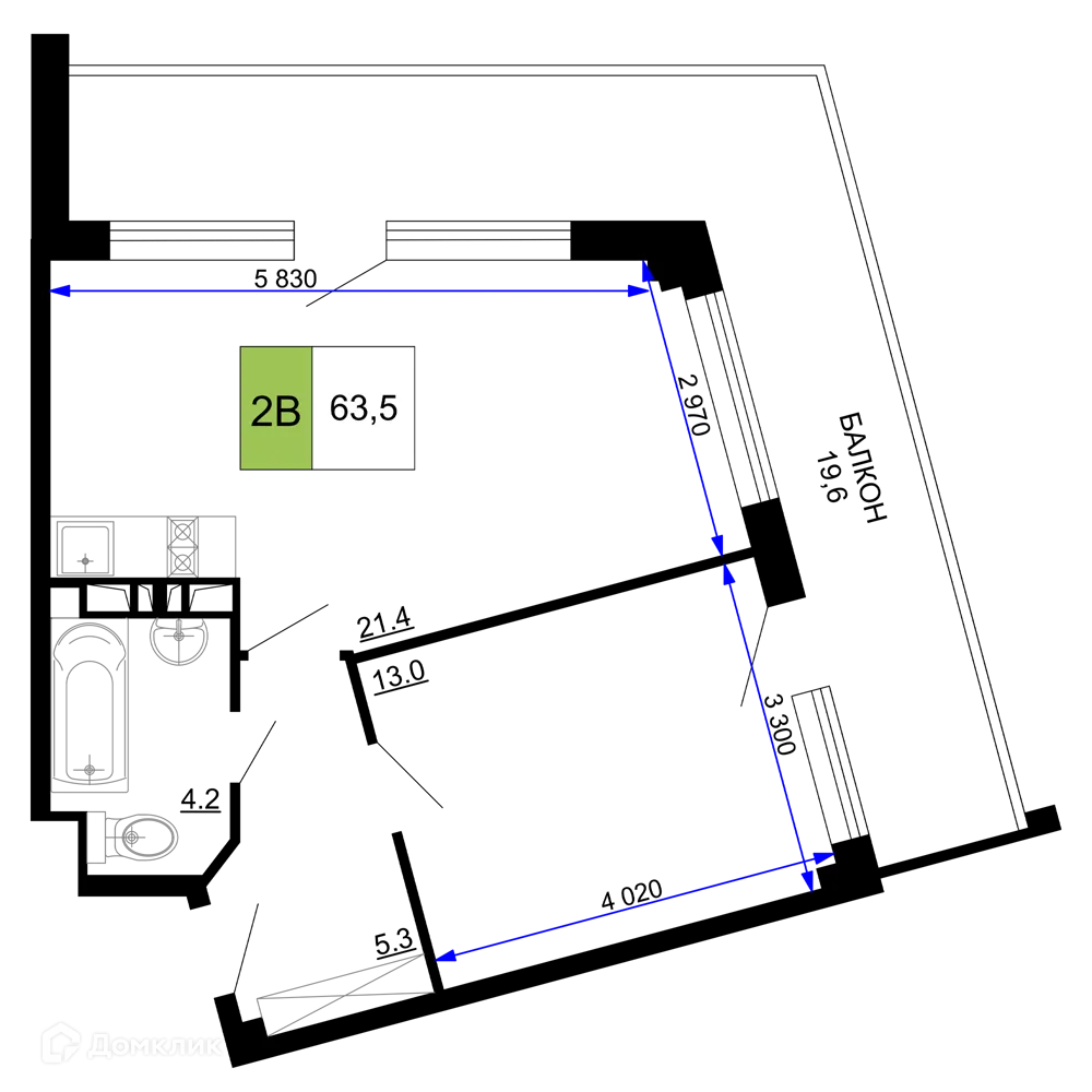 Планировка 2-комнатной квартиры 63.5 м² в ЖК Гостиничный комплекс «Мореград», г. Анапа — фото 1