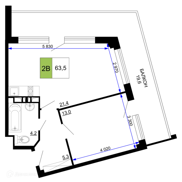 Планировка 2 комн. в ЖК Гостиничный комплекс «Мореград»