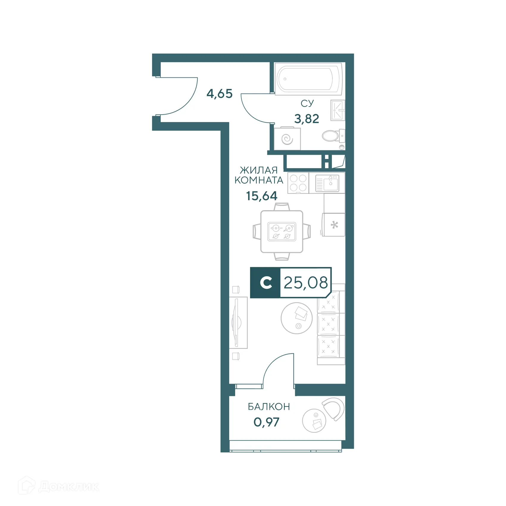 Планировка студии квартиры 25.08 м² в ЖК"Центральный", г. Анапа — фото 1