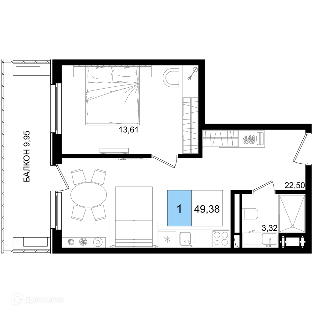 Планировка 1-комнатной квартиры 49.38 м² в ЖК Гостиничный комплекс "Корсаков", г. Анапа — фото 1