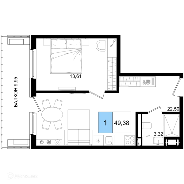 Планировка 1 комн. в ЖК Гостиничный комплекс "Корсаков"