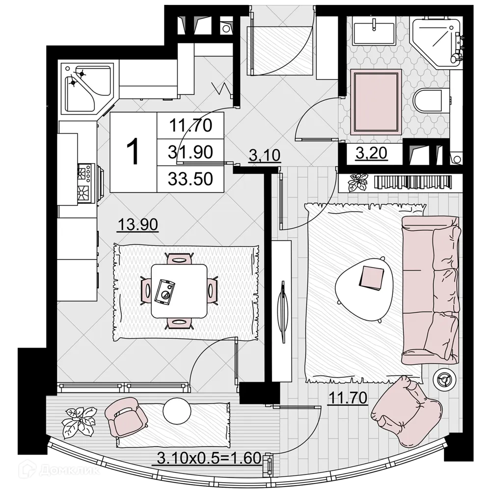 Планировка 1-комнатной квартиры 33.5 м² в ЖК Песчаный, г. Анапа — фото 1
