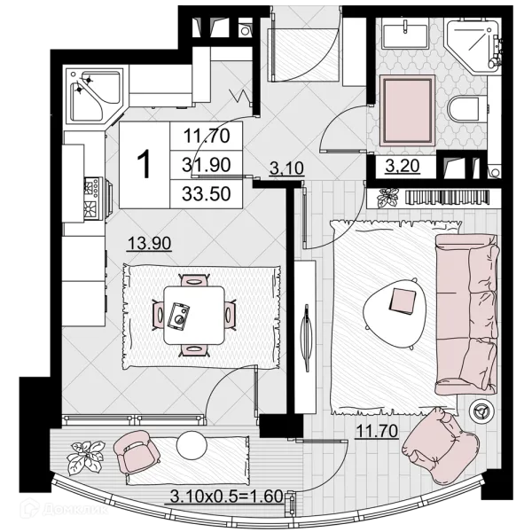 Планировка 1 комн. в ЖК Песчаный