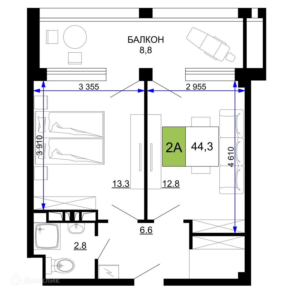 Планировка 2-комнатной квартиры 44.3 м² в ЖК Гостиничный комплекс «Мореград», г. Анапа — фото 1