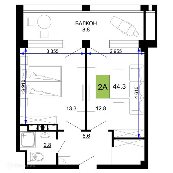 Планировка 2 комн. в ЖК Гостиничный комплекс «Мореград»
