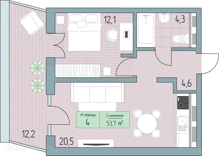 Планировка 2-комнатной квартиры 62.24 м² в ЖК Гостиничный комплекс Морелло, г. Анапа — фото 1