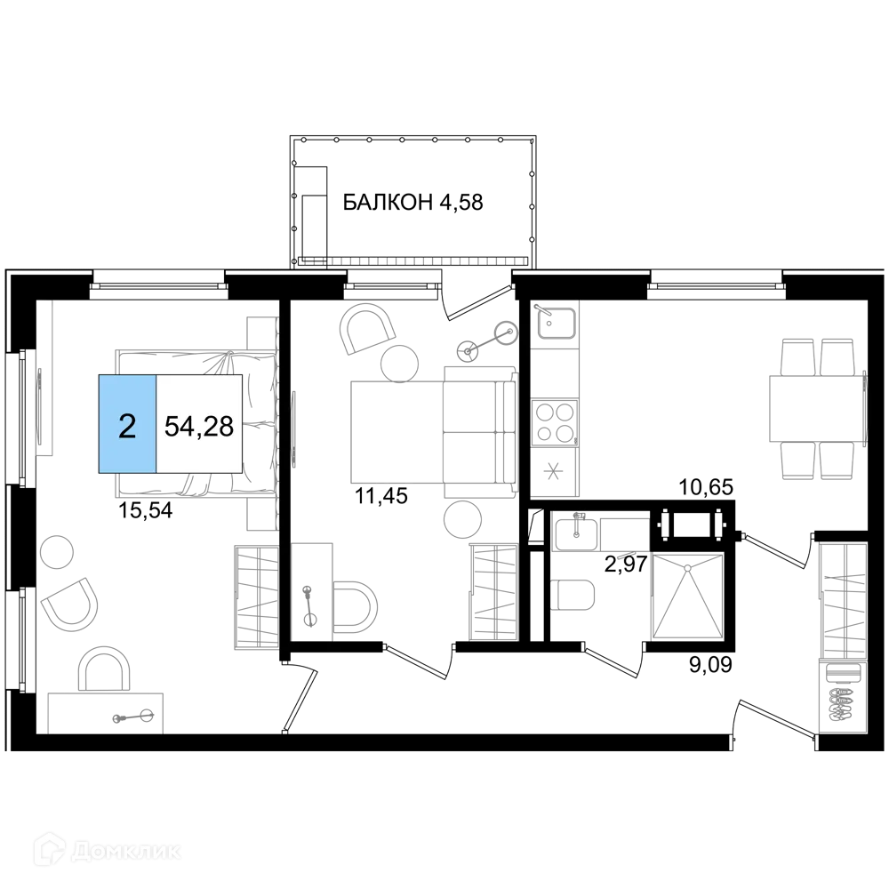 Планировка 2-комнатной квартиры 54.28 м² в ЖК Гостиничный комплекс "Корсаков", г. Анапа — фото 1