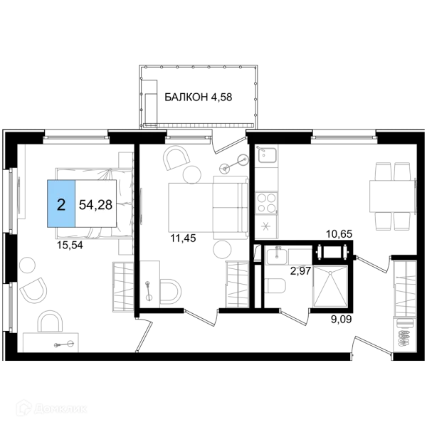 Планировка 2 комн. в ЖК Гостиничный комплекс "Корсаков"