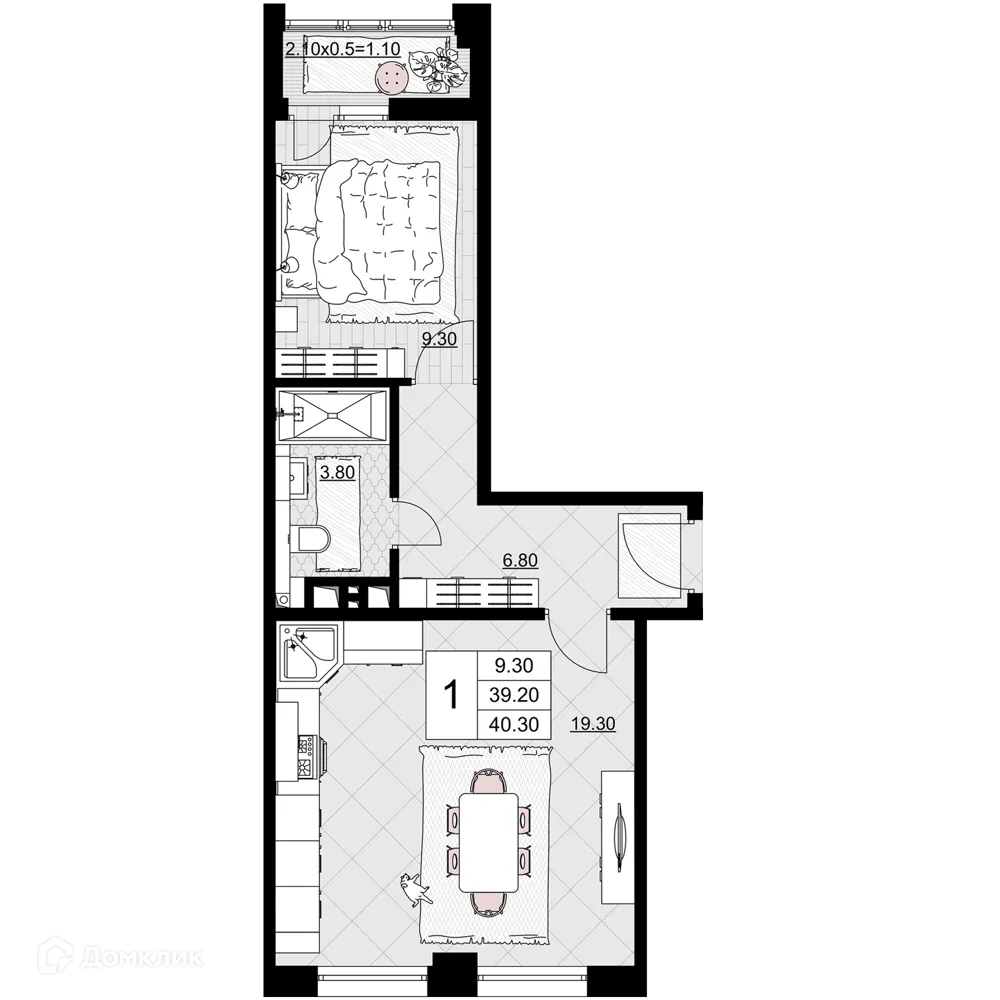Планировка 1-комнатной квартиры 40.3 м² в ЖК Песчаный, г. Анапа — фото 1