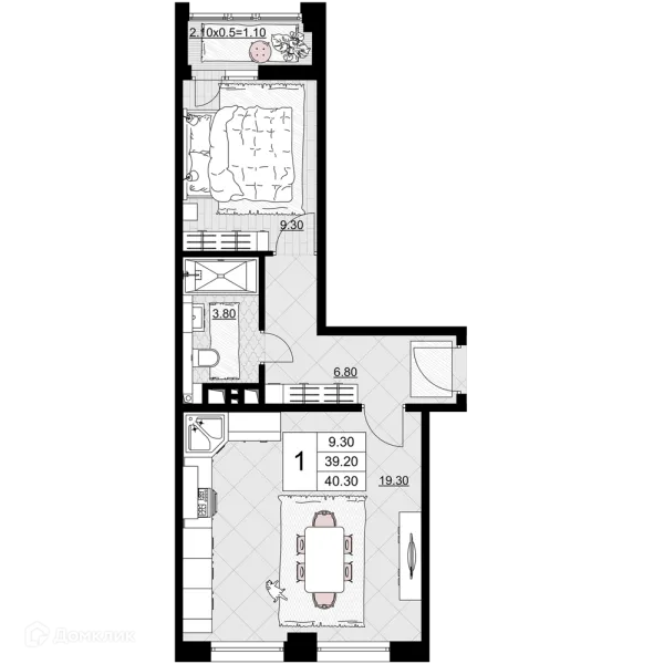 Планировка 1 комн. в ЖК Песчаный