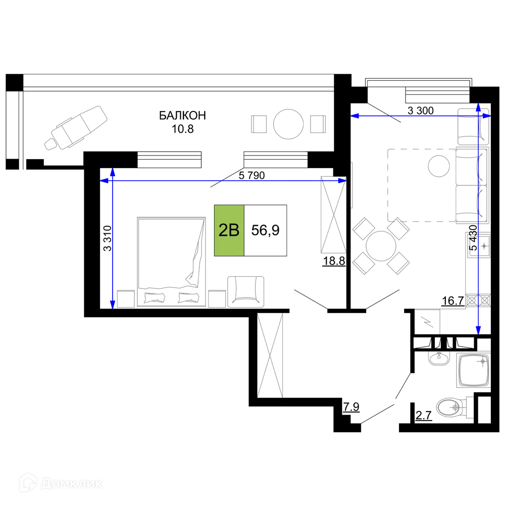 Планировка 2-комнатной квартиры 56.9 м² в ЖК Гостиничный комплекс «Мореград», г. Анапа — фото 1