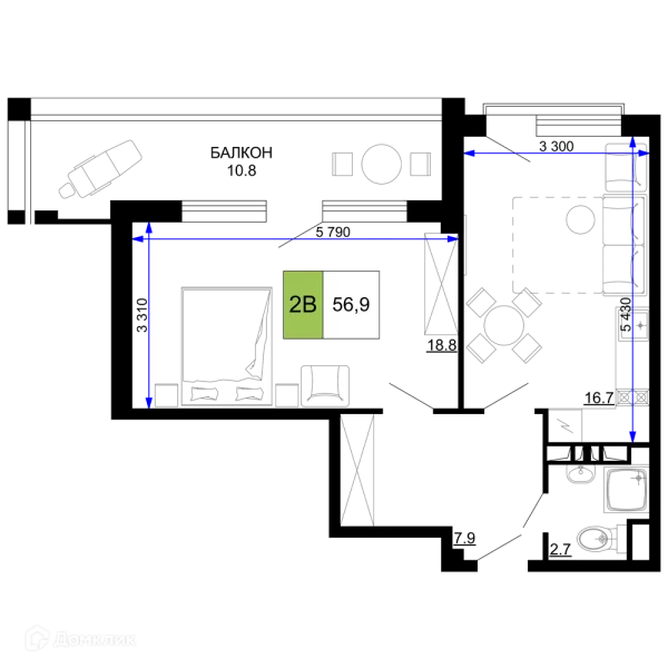 Планировка 2 комн. в ЖК Гостиничный комплекс «Мореград»