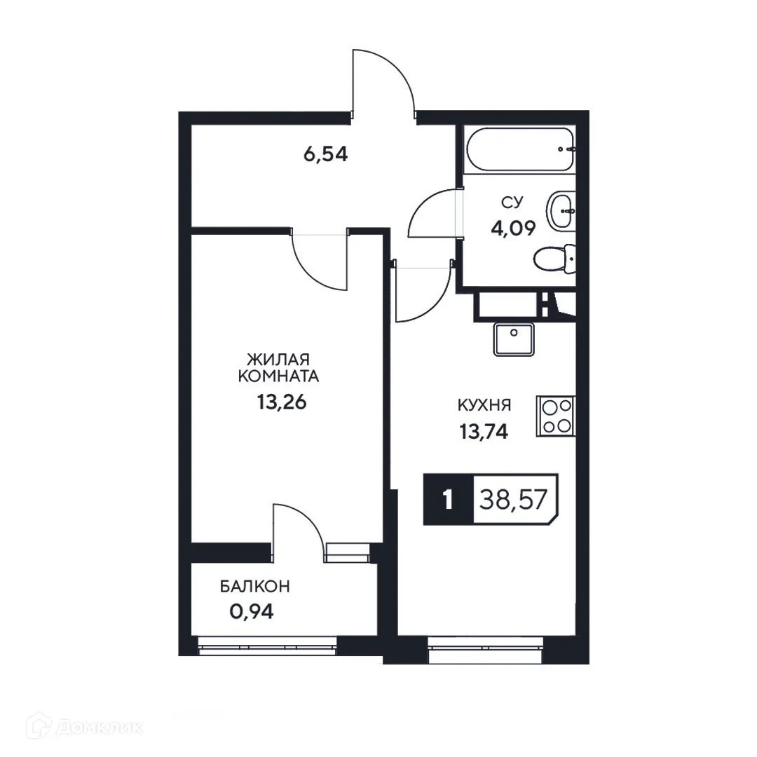 Планировка 1-комнатной квартиры 38.57 м² в ЖК"Центральный", г. Анапа — фото 1