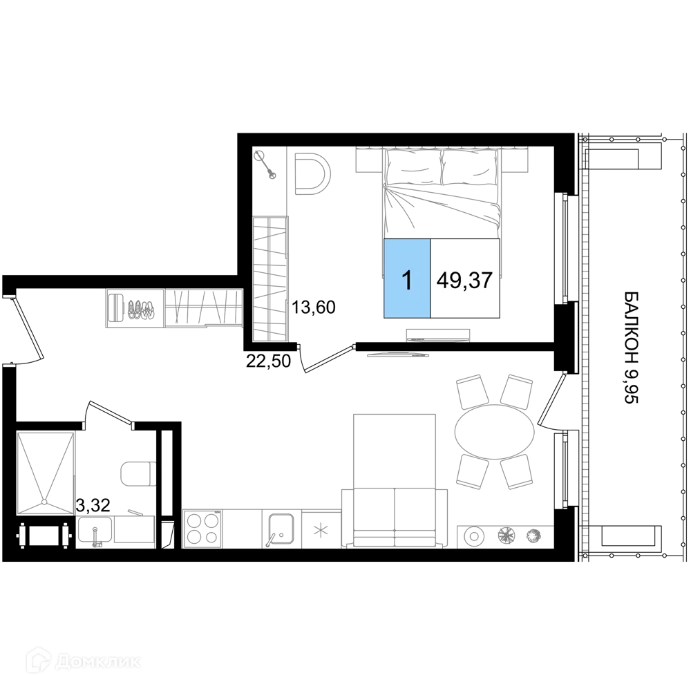 Планировка 1-комнатной квартиры 49.37 м² в ЖК Гостиничный комплекс "Корсаков", г. Анапа — фото 1