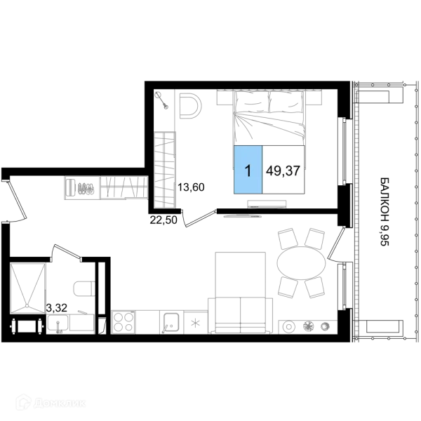 Планировка 1 комн. в ЖК Гостиничный комплекс "Корсаков"