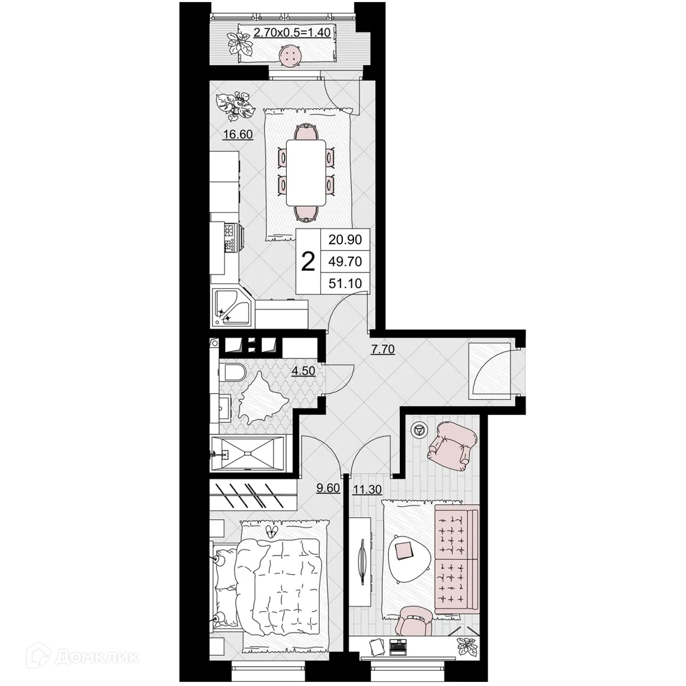 Планировка 2-комнатной квартиры 51.1 м² в ЖК Песчаный, г. Анапа — фото 1