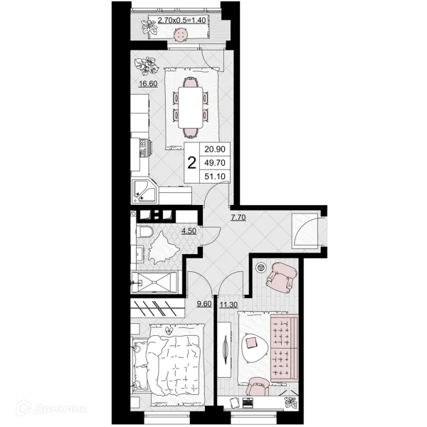 Планировка 2 комн. в ЖК Песчаный