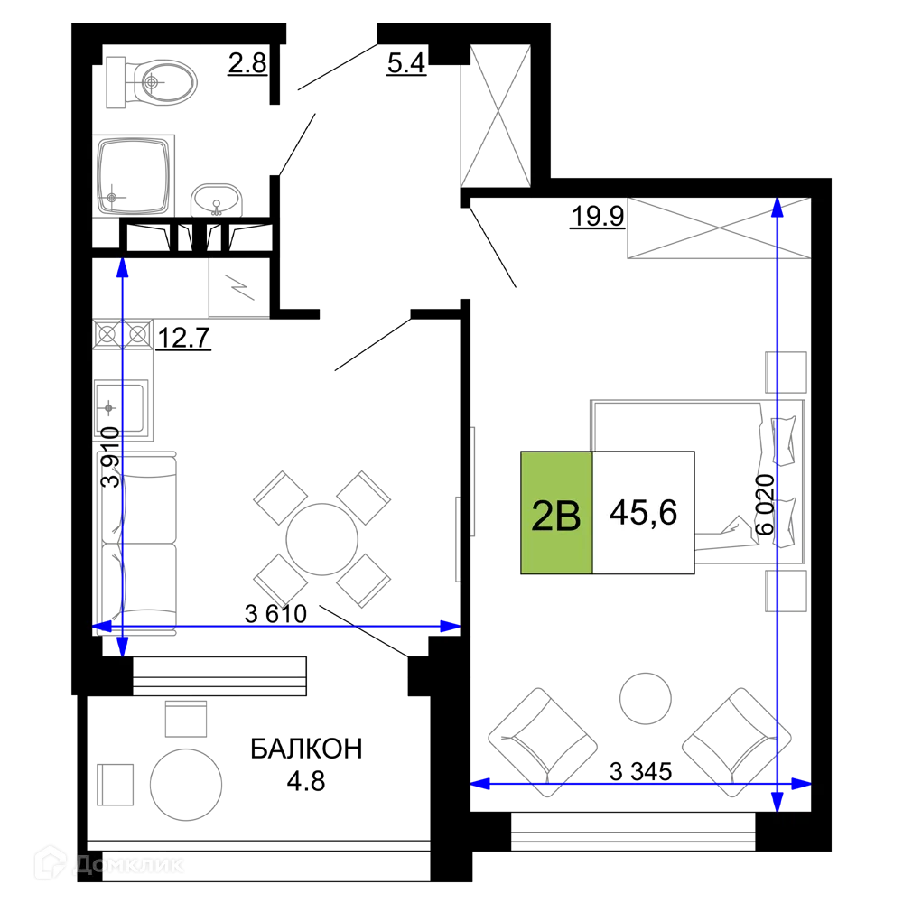 Планировка 2-комнатной квартиры 45.6 м² в ЖК Гостиничный комплекс «Мореград», г. Анапа — фото 1