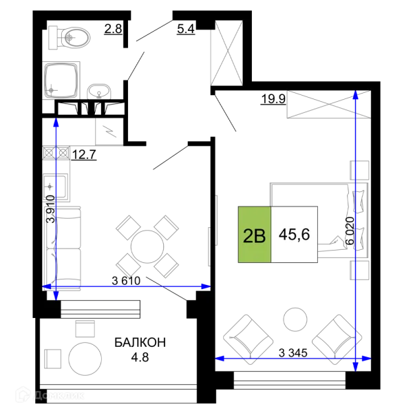 Планировка 2 комн. в ЖК Гостиничный комплекс «Мореград»