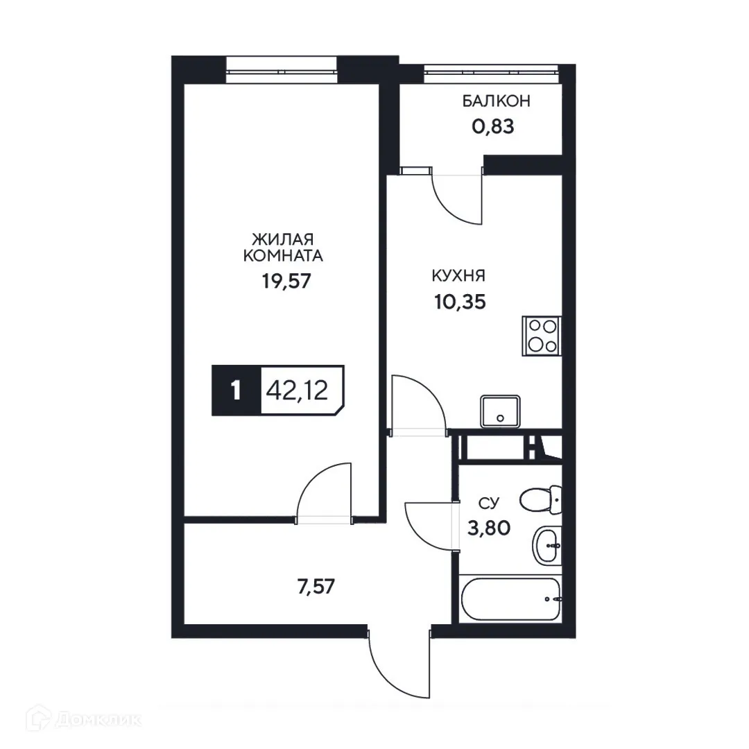 Планировка 1-комнатной квартиры 42.12 м² в ЖК"Центральный", г. Анапа — фото 1
