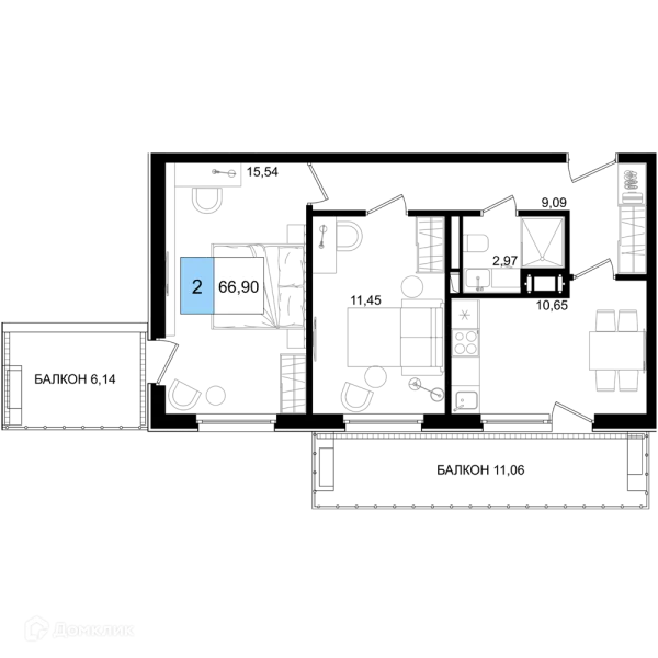 Планировка 2 комн. в ЖК Гостиничный комплекс "Корсаков"
