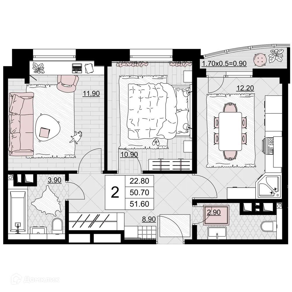 Планировка 2-комнатной квартиры 51.6 м² в ЖК Песчаный, г. Анапа — фото 1