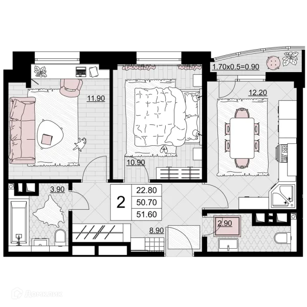 Планировка 2 комн. в ЖК Песчаный