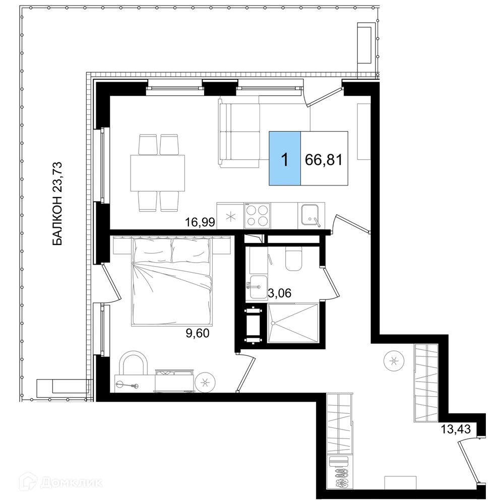 Планировка 1-комнатной квартиры 66.81 м² в ЖК Гостиничный комплекс "Корсаков", г. Анапа — фото 1