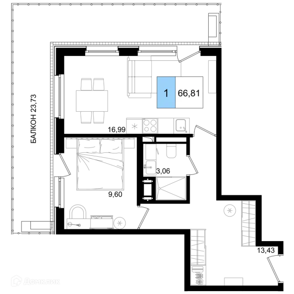 Планировка 1 комн. в ЖК Гостиничный комплекс "Корсаков"