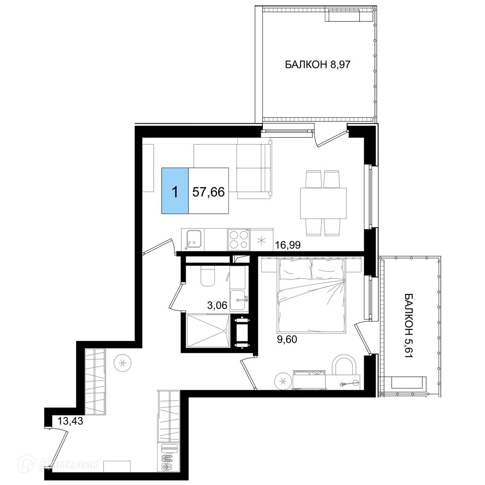 Планировка 1-комнатной квартиры 57.66 м² в ЖК Гостиничный комплекс "Корсаков", г. Анапа — фото 1