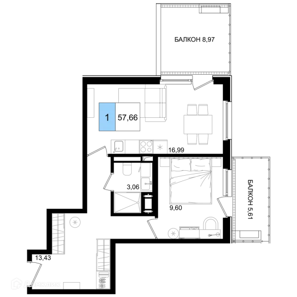 Планировка 1 комн. в ЖК Гостиничный комплекс "Корсаков"