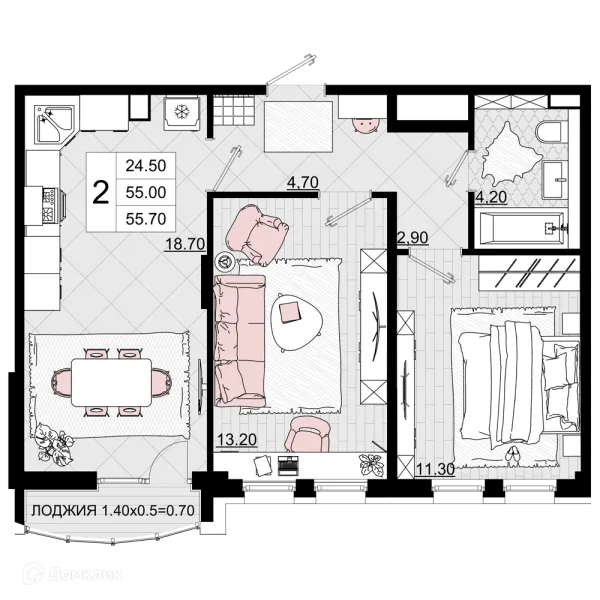 Планировка 2 комн. в ЖК Песчаный