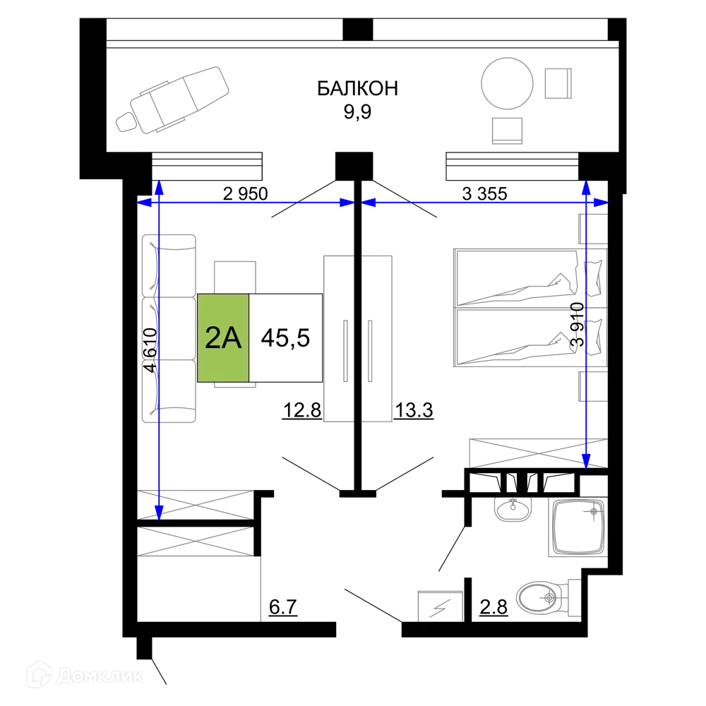 Планировка 2-комнатной квартиры 45.5 м² в ЖК Гостиничный комплекс «Мореград», г. Анапа — фото 1