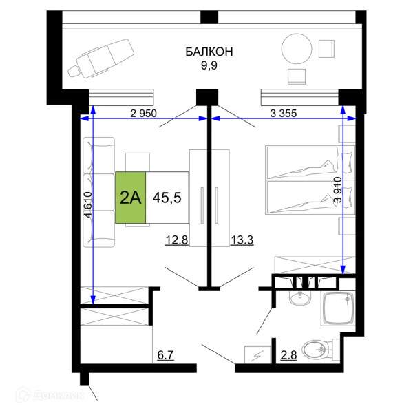 Планировка 2 комн. в ЖК Гостиничный комплекс «Мореград»
