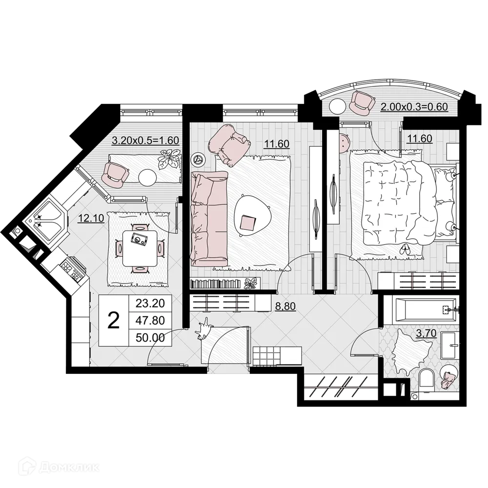 Планировка 2-комнатной квартиры 50 м² в ЖК Песчаный, г. Анапа — фото 1