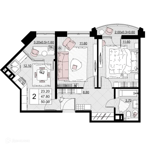 Планировка 2 комн. в ЖК Песчаный