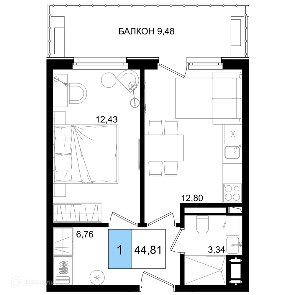 Планировка 1-комнатной квартиры 44.81 м² в ЖК Гостиничный комплекс "Корсаков", г. Анапа — фото 1