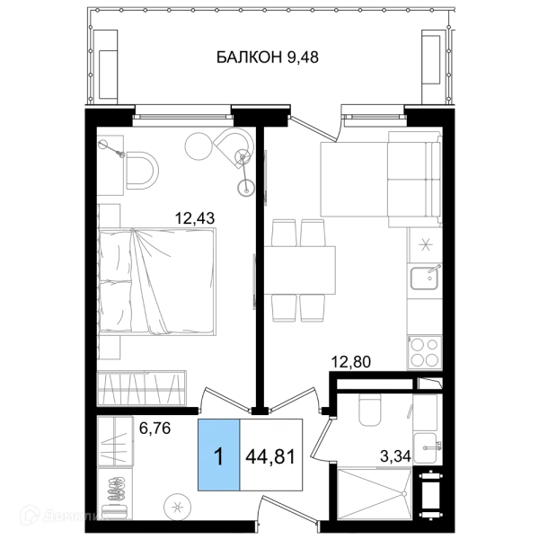 Планировка 1 комн. в ЖК Гостиничный комплекс "Корсаков"
