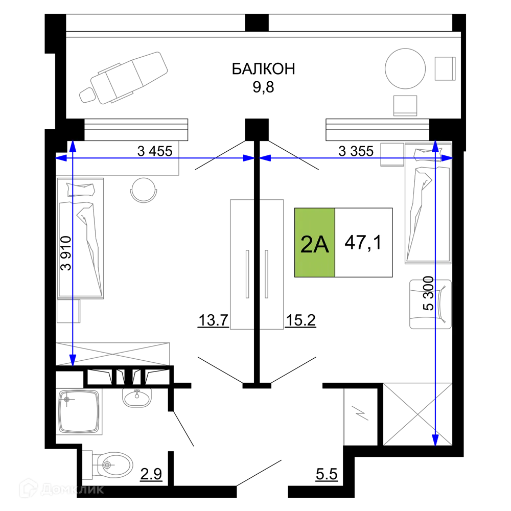 Планировка 2-комнатной квартиры 47.1 м² в ЖК Гостиничный комплекс «Мореград», г. Анапа — фото 1