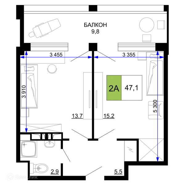 Планировка 2 комн. в ЖК Гостиничный комплекс «Мореград»