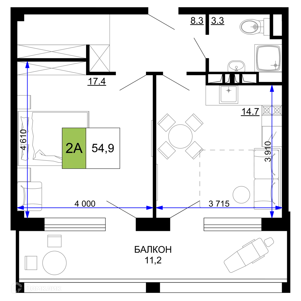 Планировка 2-комнатной квартиры 54.9 м² в ЖК Гостиничный комплекс «Мореград», г. Анапа — фото 1