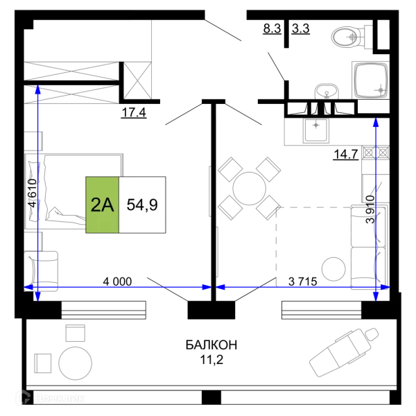 Планировка 2 комн. в ЖК Гостиничный комплекс «Мореград»