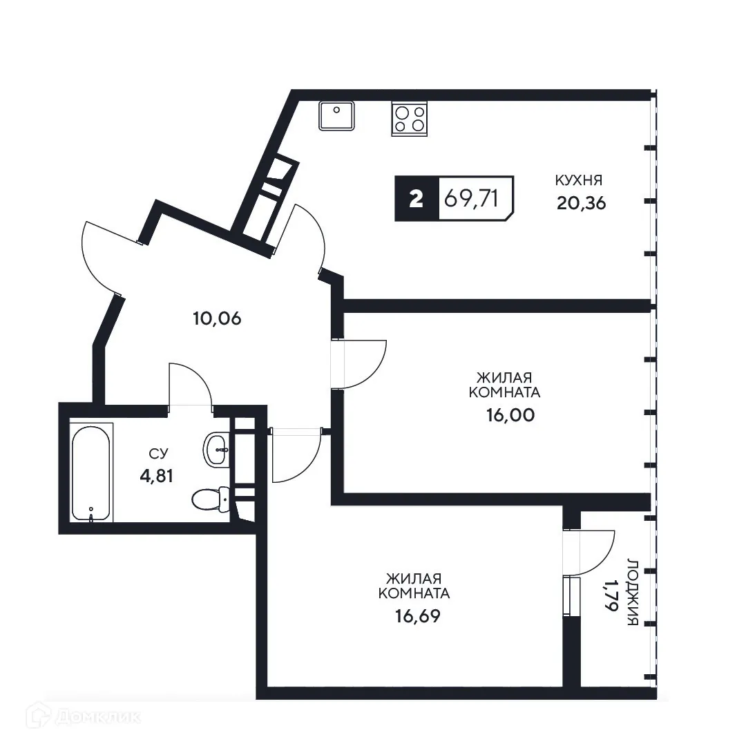Планировка 2-комнатной квартиры 69.71 м² в ЖК"Центральный", г. Анапа — фото 1