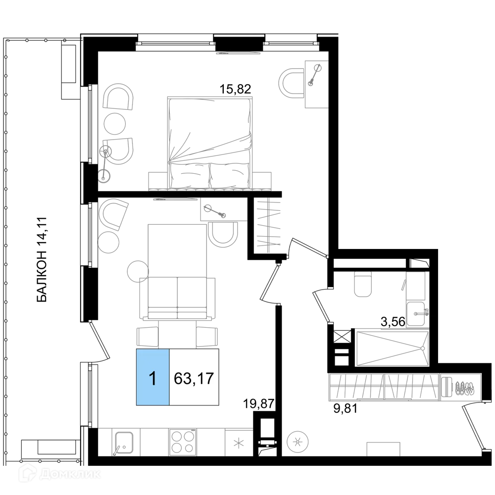 Планировка 1-комнатной квартиры 63.17 м² в ЖК Гостиничный комплекс "Корсаков", г. Анапа — фото 1
