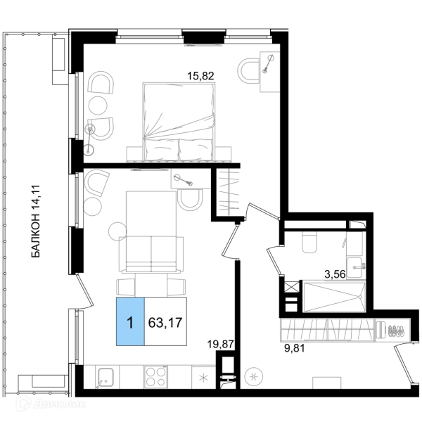 Планировка 1 комн. в ЖК Гостиничный комплекс "Корсаков"