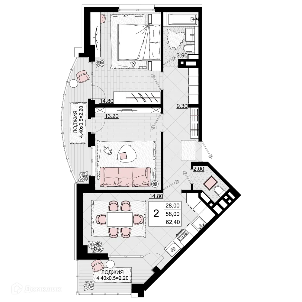 Планировка 2-комнатной квартиры 62.4 м² в ЖК Песчаный, г. Анапа — фото 1