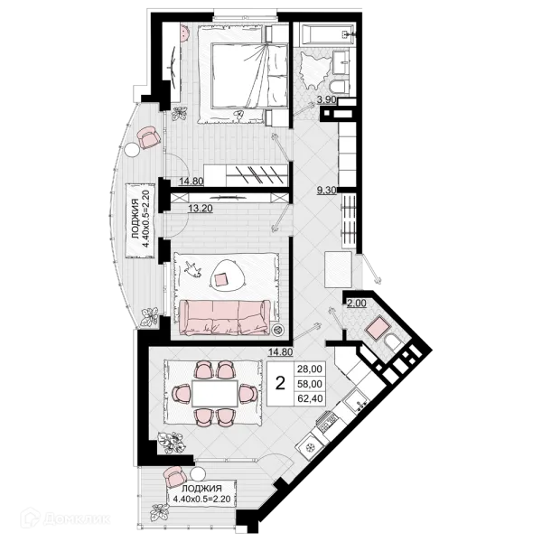 Планировка 2 комн. в ЖК Песчаный