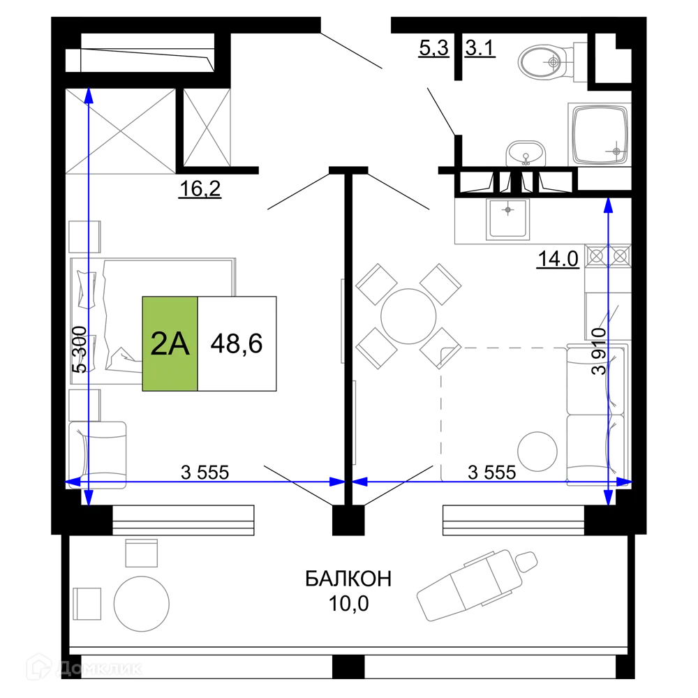 Планировка 2-комнатной квартиры 48.6 м² в ЖК Гостиничный комплекс «Мореград», г. Анапа — фото 1