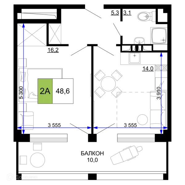 Планировка 2 комн. в ЖК Гостиничный комплекс «Мореград»