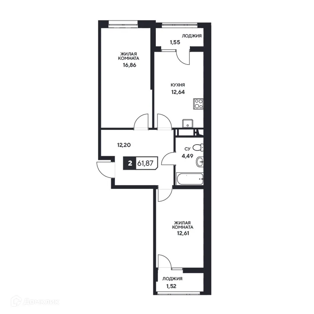 Планировка 2-комнатной квартиры 61.87 м² в ЖК"Центральный", г. Анапа — фото 1